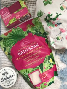 tropical bath products: Vintage Cosmetics shower cap, Village Naturals Aromatherapy Fiji bar soap and bath soak, Bum Bum Cream, neversaydiebeauty.com