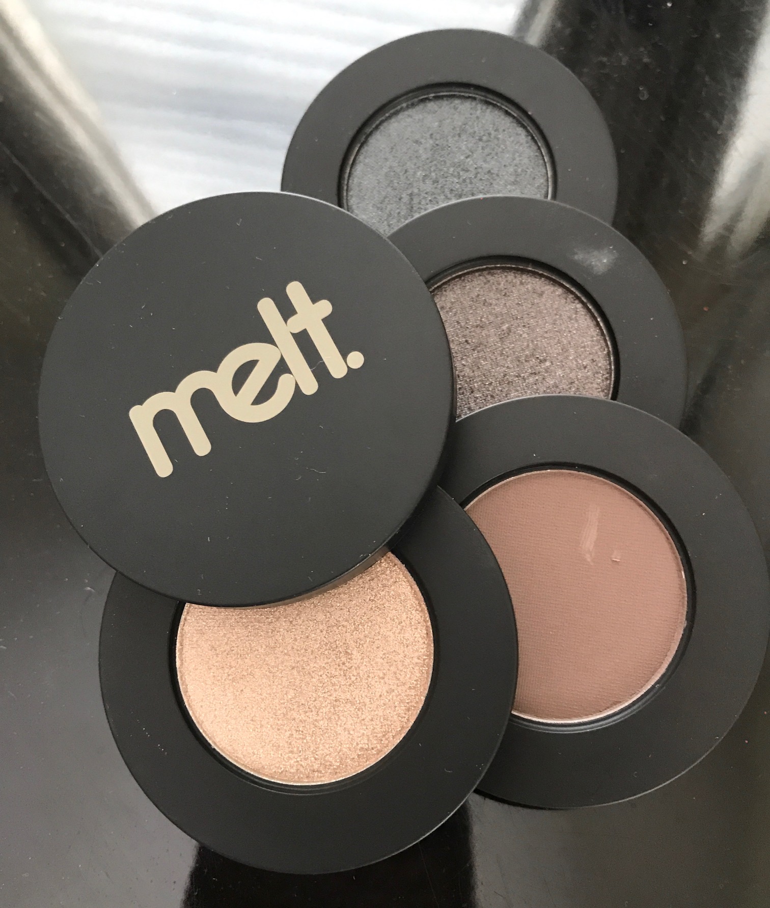 Melt Cosmetics Gun Metal eyeshadow stack open to show the shades, neversaydiebeauty.com