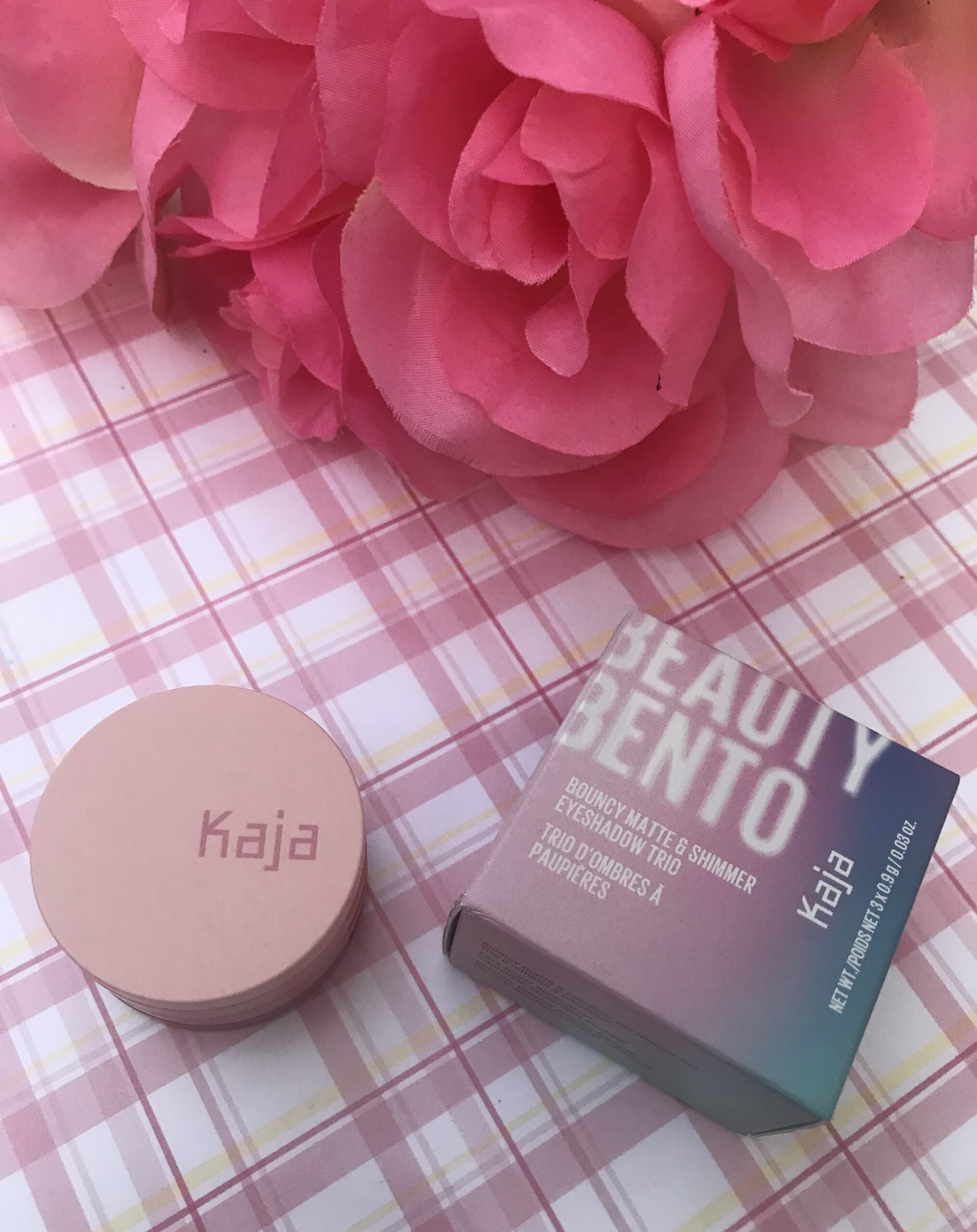 stack and outer box for Kaja Beauty Bento iEyeshadow Trio, Glowing Guava, neversaydiebeauty.com