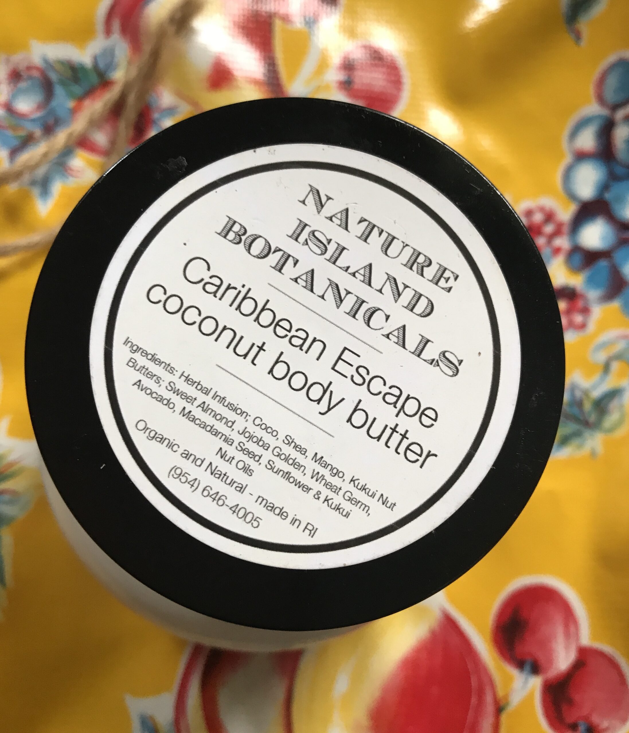 label on Nature Island Botanicals jar of Caribbean Escape Body Butter