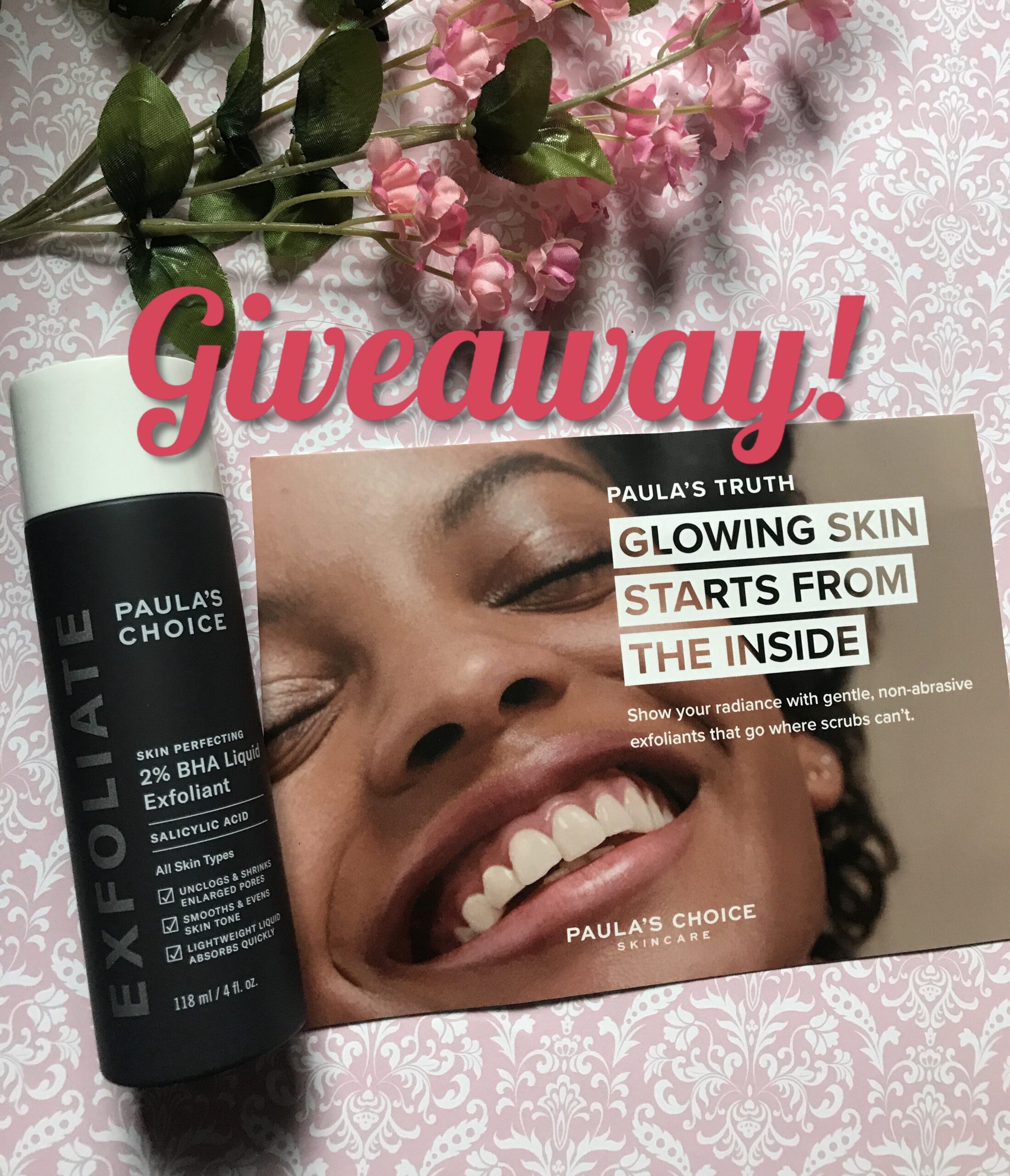 Paula's Choice 2% BHA Liquid Exfoliant with product card and title Giveaway