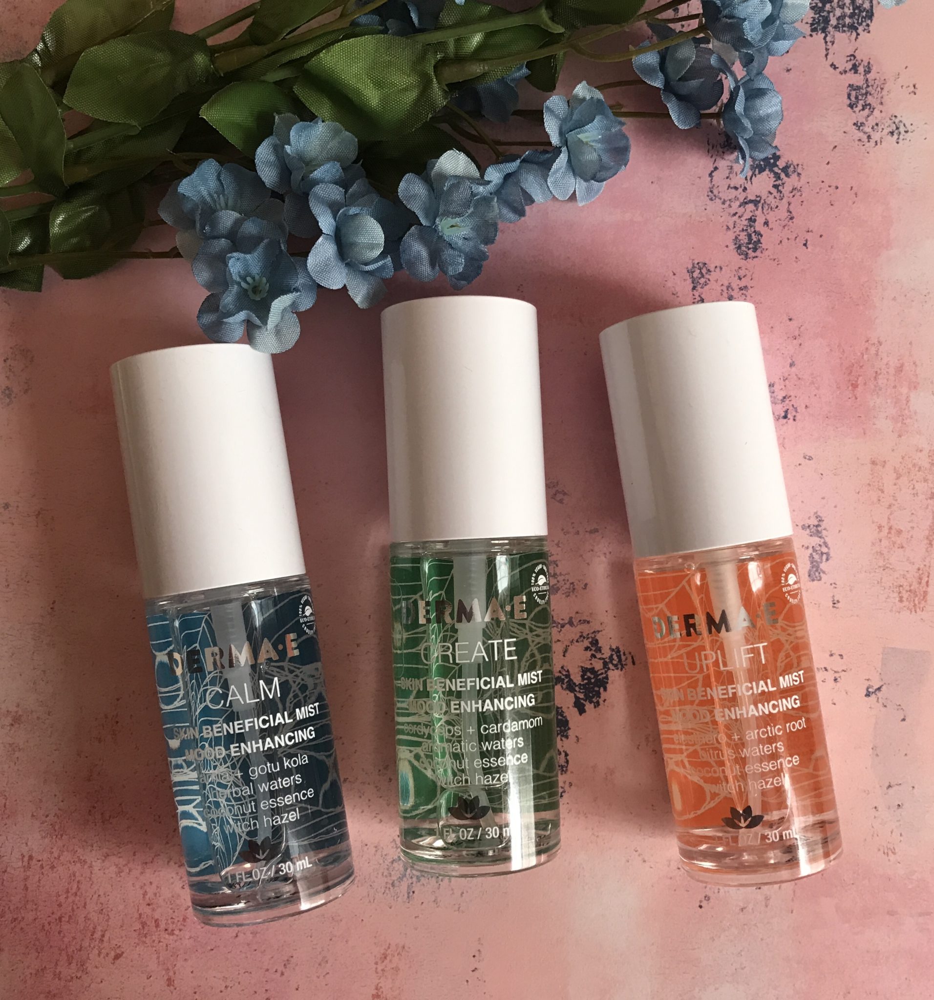 3 bottles of Derma E Mood Enhancing Skin Beneficial Mists: Uplift, Create and Calm