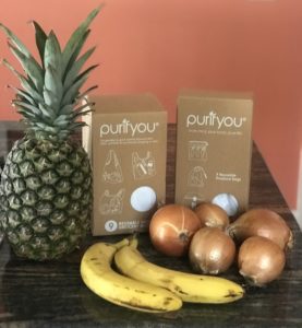 a selection of produce with boxes of Purifyou Reusable Grocery and Produce Bags
